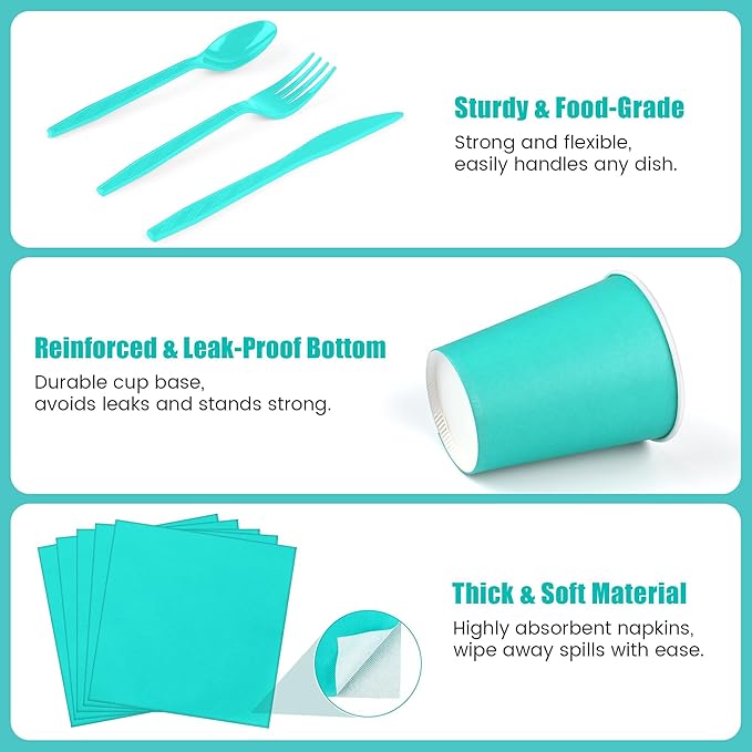 Kochorie 350 Pieces Teal Blue Dinnerware Set, 7 & 9 inch Dessert Paper Plates Cups Napkins Plastic Cutlery Disposable Party Supplies for Birthday Baby Shower Wedding, Serve 50 Guests
