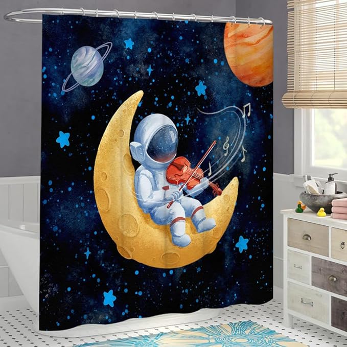 Outer Space Shower Curtain Astronaut Play Guitar Violin Flute Bath Curtain Funny Universe Musician Theme Bathroom Curtain for Kids Boys Bathroom Accessory with Hooks 72x72inch