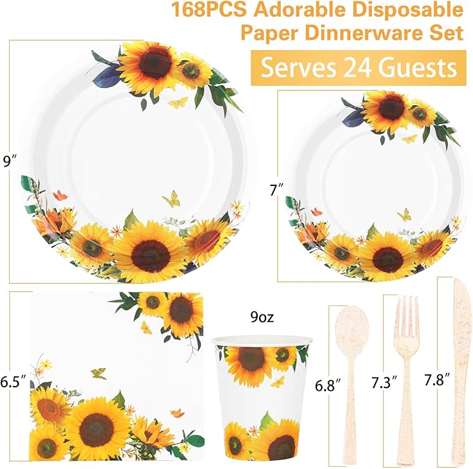 Sunflower Party Decorations-168PCS Sunflower Plates and Napkins Party Supplies,Yellow Paper Plates with Gold Glitter Cultery for Birthday Baby Shower Decorations Serve 24 Guests