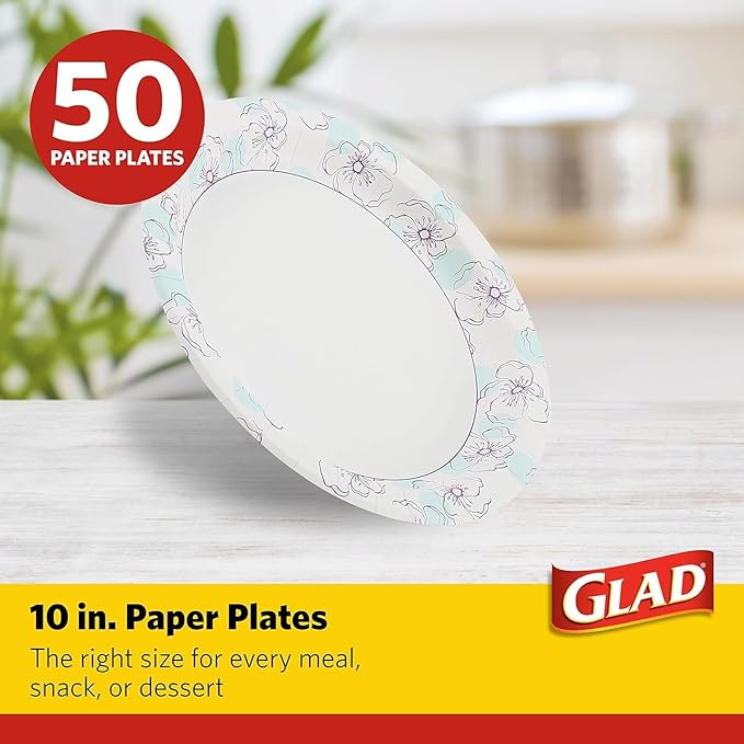 Glad Round Disposable Paper Plates, Blue Flower Design, Heavy Duty Soak Proof Cut Resistant Microwave Safe Plates for Meals, Parties, Picnics, and Events, 10 Inch, 50 Count - 2 Pack