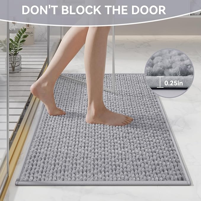Bathroom Rugs Mat 16x24, Extra Soft Absorbent Chenille Bath Rug, Non Slip PVC Backing Washable Quick Dry Bath Mats for Bathroom Fit Under Door, Tub, Shower, Sink, Home Decor Accessories, Grey