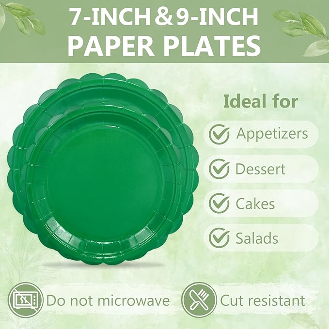 Mulbozy 100 Green Plates and Napkins Disposable Set Includes 25-9" & 25-7" Dessert Cake Scalloped Plates, Cocktail Napkins, Forks for for Holiday Party Supplies