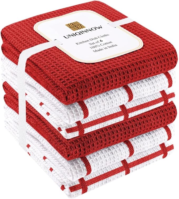 Assorted Waffle Kitchen Dish Towels Cotton Set of 6, Soft Absorbent Quick Drying Table and Kitchen Linen, Tea Towels and Cleaning Towels with Hanging Loop, Dish Towels 15x25 Red