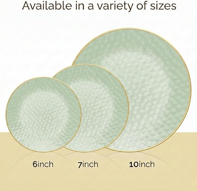 R-kay 100 Pack Green Plastic Plates - 6 Inch Hammered With Gold Rim, Sturdy, Durable And Extra Heavy duty Green Dessert Plates Disposable - Ideal For Appetizer And And For Desserts.