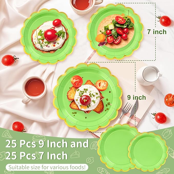 50 Pcs Lime Green Paper Plates, 25 Pcs 9" and 25 Pcs 7" Disposable Christmas Scalloped Plates with Gold Foil for Graduation Wedding Baby Shower Birthday Party Picnic BBQ