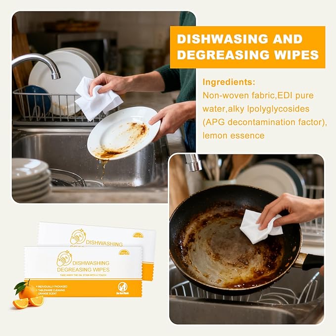 Dish Cleaning Wipes Individually Wrapped Travel Dish Soap Wipes Orange Scent 7.7”x 7.3“ Disposable Wipes Portable for Kitchen Outdoor Traveling Camping RV Quick Clean (500)