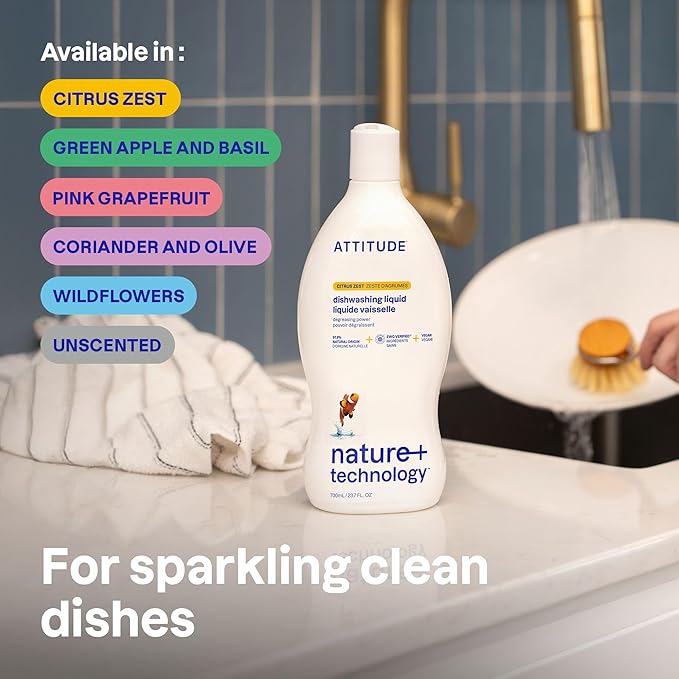 ATTITUDE Dish Soap & Refill Bundle, EWG Verified, Plant-Based, Vegan, Green Apple & Basil, 23.7 + 67.6 Fl Oz