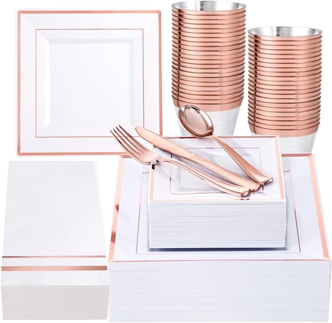 Festiva 350Pcs Rose Gold Plates and Napkins Party Supplies-Square White and Rose Gold Disposable Dinnerware include Plates Cups Cutlery Napkins for 50 Guests Wedding &Mother's Day&Birthday Party
