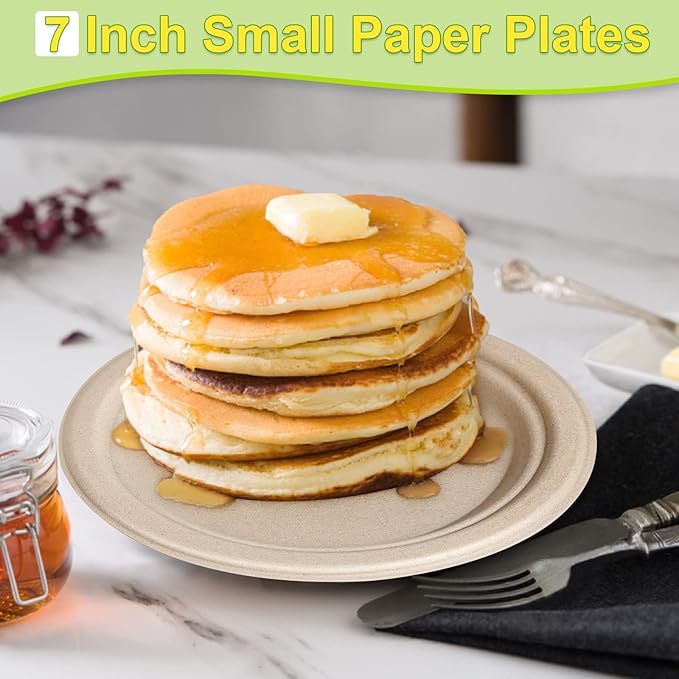 Small Paper Plates 100 Pack, 7 inch Paper Dessert Plates, 100% Compostable Biodegradable Eco Friendly Plates, Disposable Brown Paper Plates Bulk