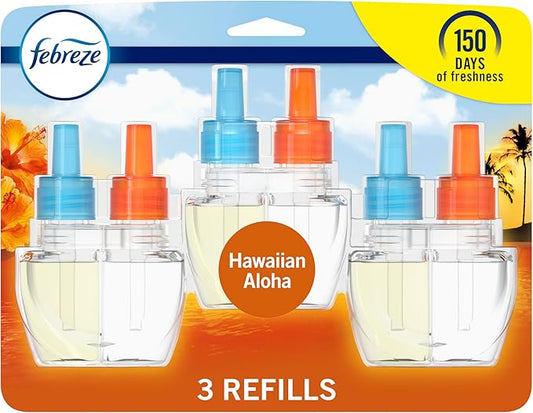 Febreze Plug In Air Freshener, Odor-Fighting Scented Oil Refill, Air Fresheners for Home and Bathroom and Kitchen, Long Lasting for Strong Odors, Hawaiian Aloha Scent, 0.87oz Refills, 3 Count