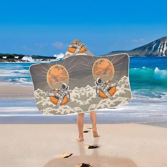 Hooded Towel for Kids Astronaut Sitting in Orange Cushion Floating in The Sky at Sunset Beach Wrap Bath Towels 50x23.5in