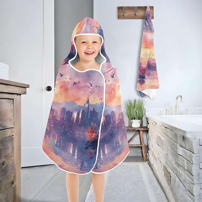 Hooded Towel for Kids Sketch of Bird in City Sky Beach Wrap Bath Towels 50x23.5in