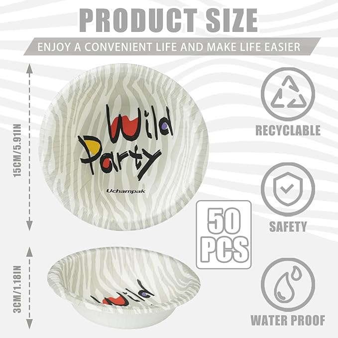 50 Pack Paper Bowls, 8 Oz Disposable Soup Bowl, Heavy Duty Printed Disposable Bowls Bulk For Snacks, Dessert, Breakfast, Lunch And Dinner Meals (Zebra Stripe)