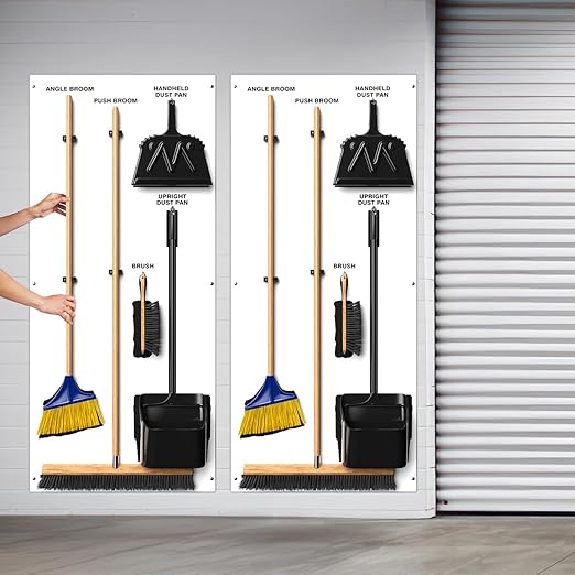Clean & Sweep 5S Shadow Board/Wall Mount Broom Holder, 68" x 30" Board, 5S Cleaning Station - with Broom and Dustpan Set Included, Made in The USA by AccuformNMC, White/Black, PSB616WTBK