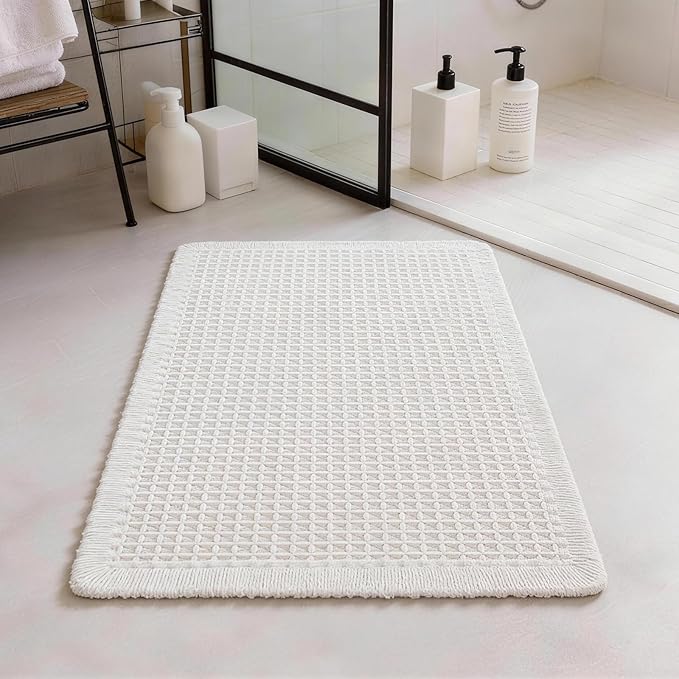 Waffle Bathroom Rugs, Non Slip Absorbent Waffle Knit Bath Mat for Shower Floor, Tub and Bathroom Door, Ultra Soft Quick Dry, Cream White, 18"x30"
