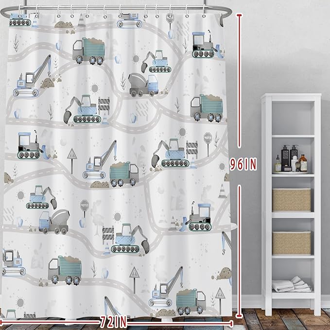 Excavator Kids Shower Curtain Sets Cartoon Construction Truck Tractor Car Bathroom Decor Fabric Polyester Waterproof 72x96 Inches with 12 Hooks for Boys Machinery Vehicle Bath Curtains