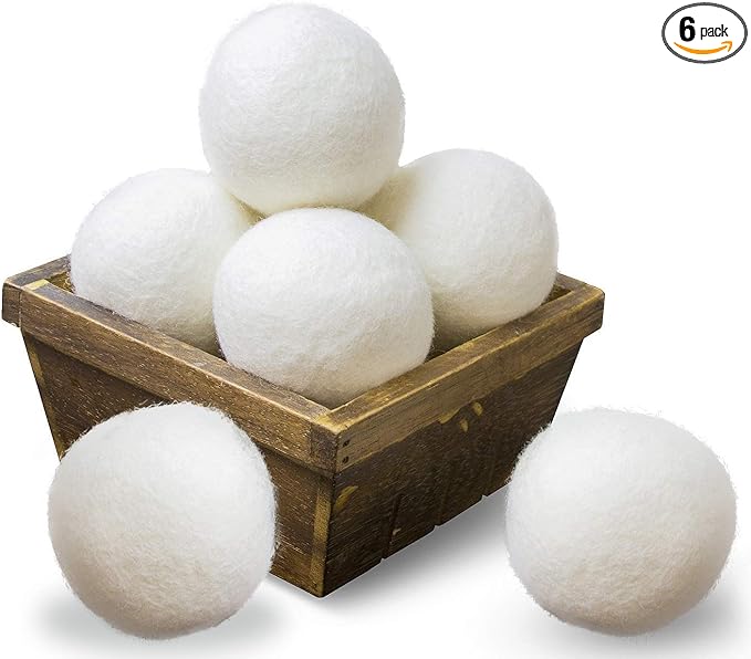 Wool Dryer Balls XL Size 6 Pack, Natural Fabric Softener 100% Organic Premium New Zealand Wool, Chemical Free and Reduces Wrinkles, 1000+ Loads, Baby Safe, Saving Energy & Time, White 6 Count
