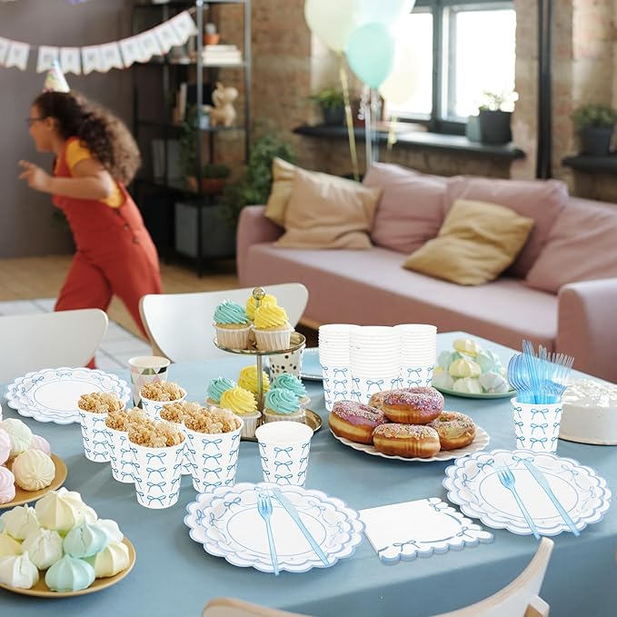 JarThenaAMCS 175Pcs Blue Bow Party Supplies Kit Scalloped Bowknot Tableware Set Disposable Dinnerware Paper Napkin Plate Cup Spoon Fork Knife for 25 Guests Party Favor