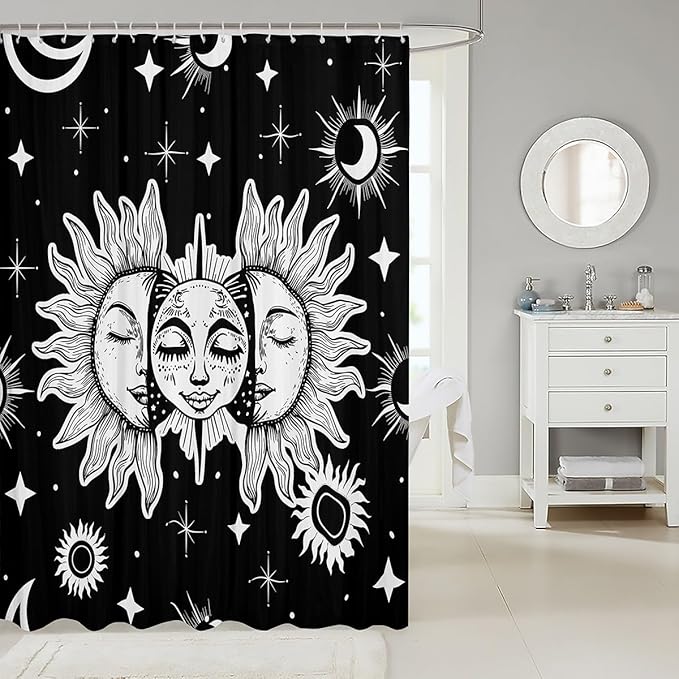 Feelyou Sun Moon Shower Curtain Boho Exotic Bathroom Shower Curtain Setative Bohemian Galaxy Bath Curtain Astrology Space Cosmic Celestial Black White Kids Bathroom Accessories 72"x84"