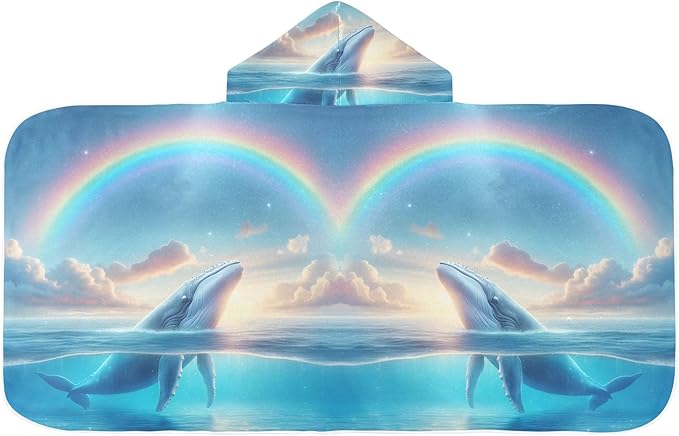 Hooded Towel for Kids Whale Under Rainbow Beach Wrap Bath Towels 50x23.5in