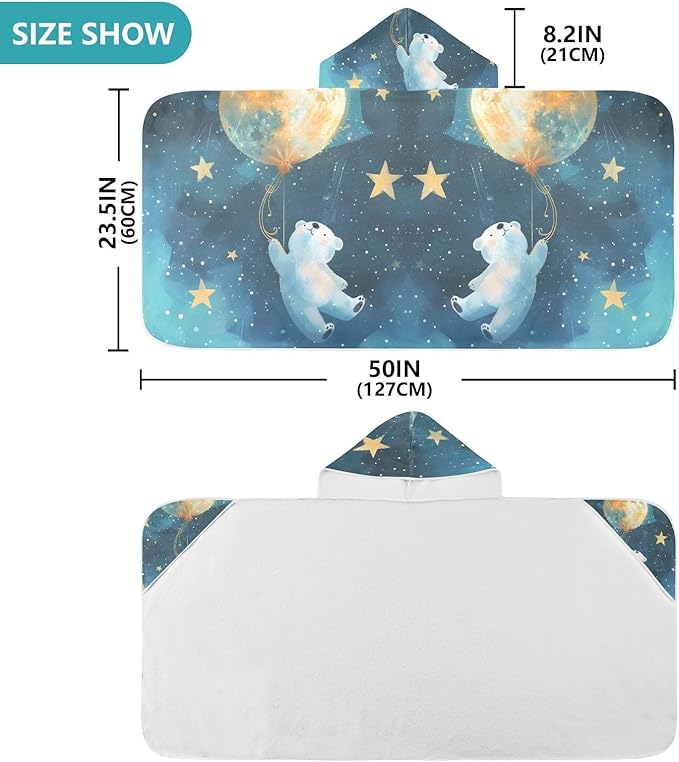 Hooded Towel for Kids Lovely Blue White Bear Flying in Starry Sky Beach Wrap Bath Towels 50x23.5in