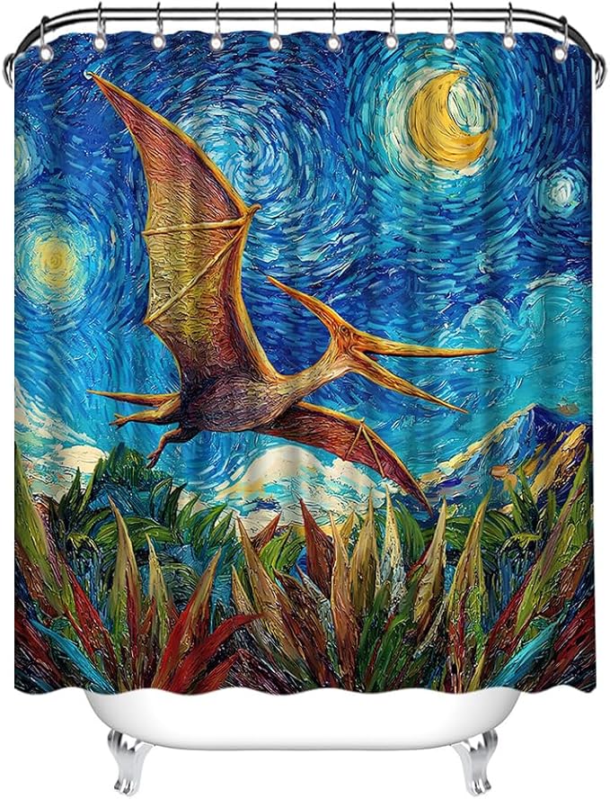 Shower Curtain Dinosaur Kids Bathroom Funny Bath Decor Blue and Yellow with 12 Hooks 72x72 Inches
