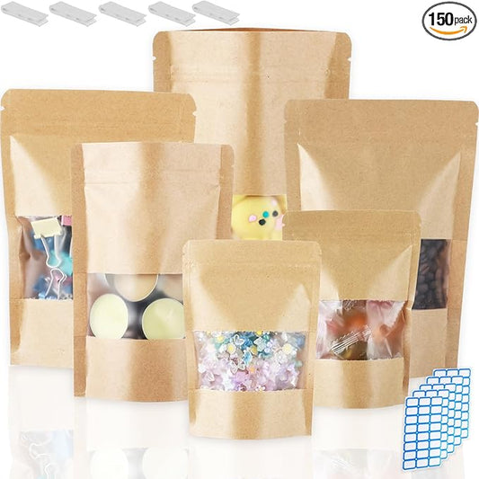 150 Kraft Mylar Bags for Food Storage 6X9 Mylar Bags with Window Candy Packaging Resealable Bags Reclosable Small Stand Up Pouches Edible Packaging, Kraft Paper Bags for Small Business