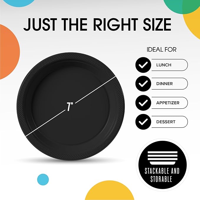 Exquisite Party Solids Black Plastic Plates For Party Supplies 7" Black Disposable Plates Heavy Duty 50 Pcs Plastic Dinnerware Sets Heavy Duty 350 GSM Disposable Dinnerware Set