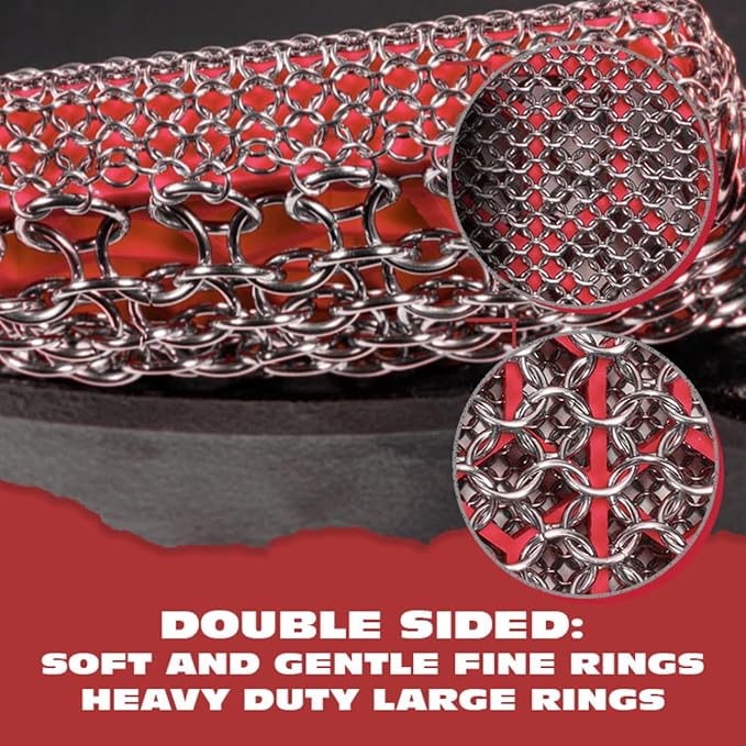 Knapp Made Combo Chainmail Cast Iron Scrubber with Silicone Core - Heavy Duty Rings and Fine Chainmail Rings -Premium Cast Iron Cleaner Chainmail Scrubber -Perfect for Cast Iron Cookware,Skillet,Woks