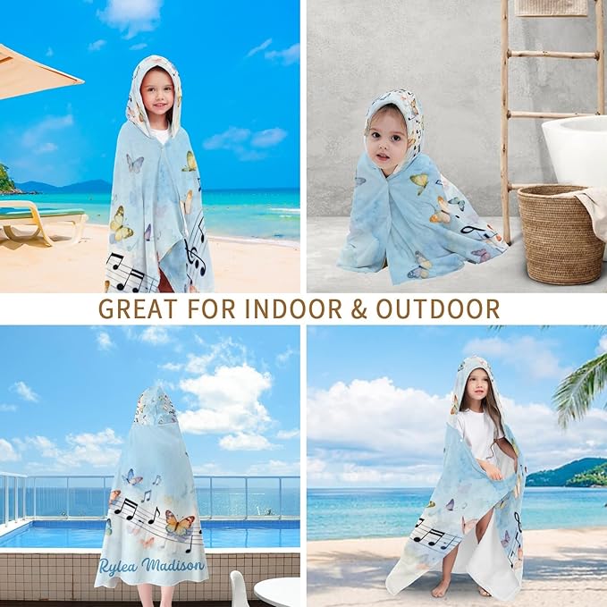 Music Notes Butterfly Blue Personalized Hooded Towel Absorbent Wrap Soft Pool Beach Bath Towels Hood Poncho for 5-12 Years Kids Boys Girls