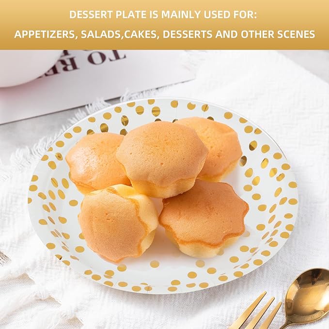 White and Gold Paper Plates,7INCH Gold Dot Dessert Plates,Disposable Party Supplies Suitable for Weddings,Birthdays,Bridal Parties,All Occasions(100 PCS)