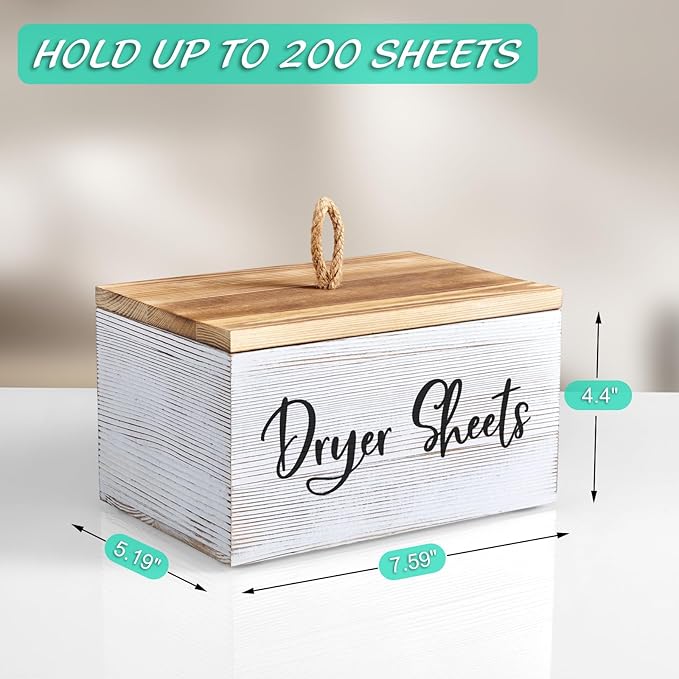 Dryer Sheet Holder, White Washed Wood Laundry Sheets Container, Laundry Room Organization and Storage for Farmhouse Laundry Room Decor and Accessories, Fabric Sheet Holder