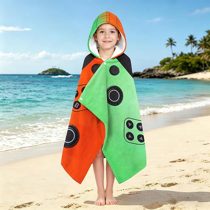 Hooded Towels for Kids - Superfine Fiber Video Game Gamepad Toddler Hood Bath Towels Beach Hooded Poncho Absorbent Pool Toddler Swim Bath Wrap for Boys & Girls 3-10 Years, 60 * 35 inches