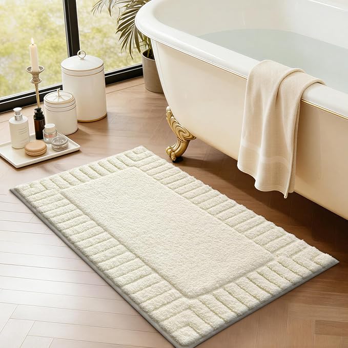 LUMI Bathroom Rugs Non Slip with Rubber Backing, Extra Soft Plush Microfiber Bath Rug Absorbent, Machine Washable Bath Mat Quick Dry for Tub, Shower, Ivory White, 16"x24"