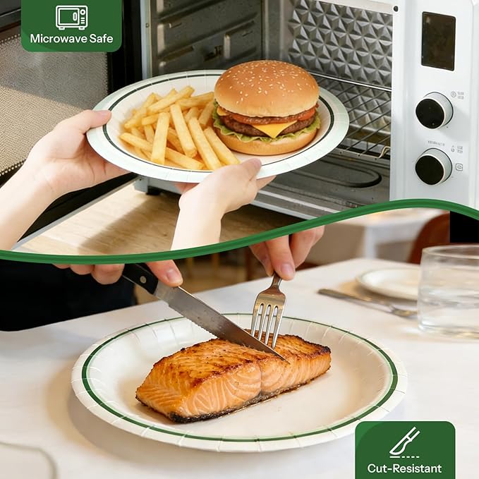 Disposable Plates 9 Inch, 100PCS Paper Plates Bulk with Green Rims, Heavy Duty Paper Plates for Graduation/Retirement Party, Picnic, BBQ, Microwave, Breakfast, Lunch & Dinner