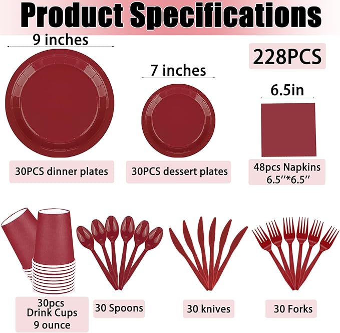 228PCS Burgundy Party Supplies Set Include Paper Plates Cups Paper Napkins Plastic Spoons Forks Knives for 30 Guests Disposable Party Dinnerware for Birthday Wedding Family Picnic