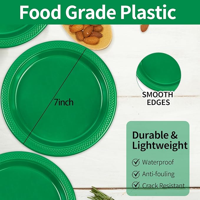 50 PCS Green Plastic Plates, 7 Inch Disposable Party Plates Dessert Plates for Picnic Birthday Wedding Christmas Party Supplies (Green, 7 Inch)