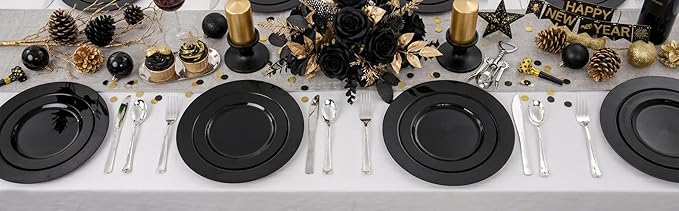 FLOWERCAT 60PCS Black Plastic Plates - Heavy Duty Black Disposable Plates for 30 guests Graduation Party/Wedding/Memorial Day - Include 30PCS 10.25inch Dinner Plates and 30PCS 7.5inch Dessert Plates