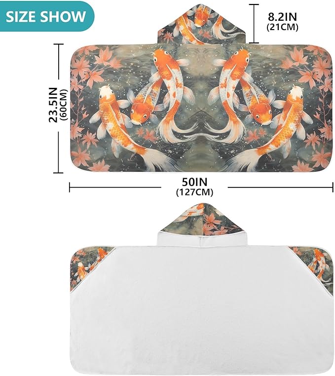 Hooded Towel for Kids Lovely Koi Fish in The Water Beach Wrap Bath Towels 50x23.5in