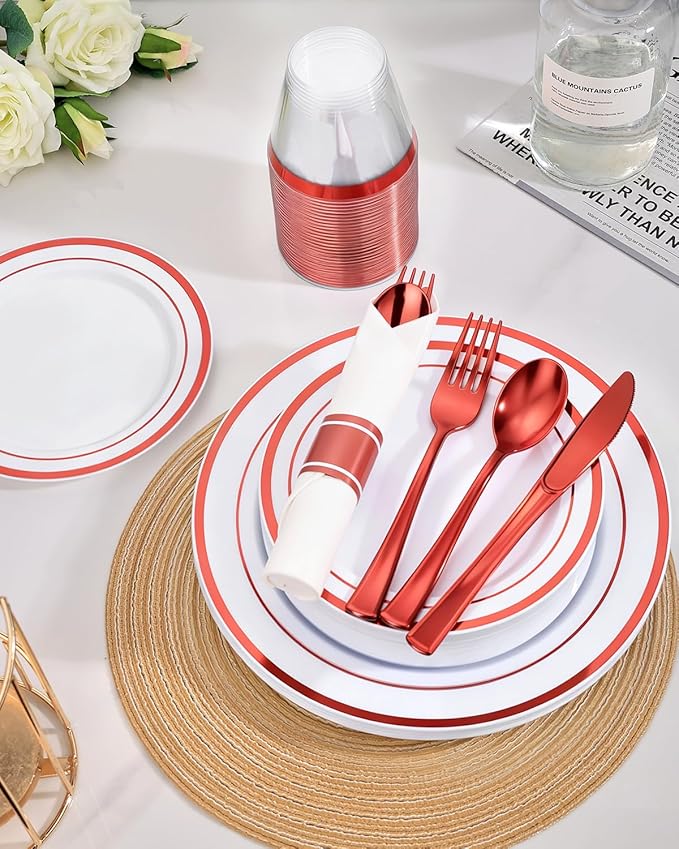 Goodluck 350 Piece Red Plastic Dinnerware Set for 50 Guests, Fancy Disposable Plates for Party, Include: 50 Dinner Plates, 50 Dessert Plates, 50 Pre Rolled Napkins with Silverware, 50 Cups