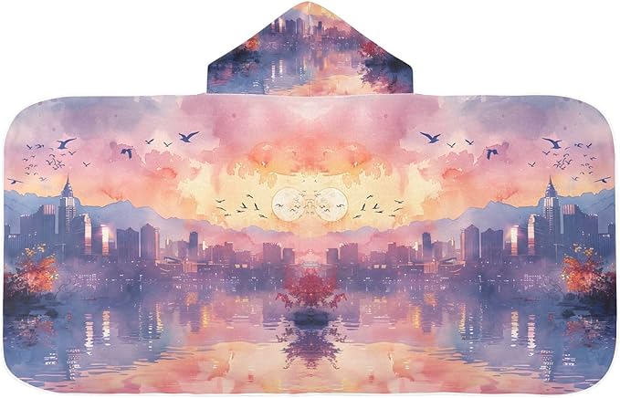 Hooded Towel for Kids Sketch of Bird in City Sky Beach Wrap Bath Towels 50x23.5in