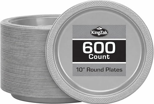 Hanna K. Signature Silver Plastic Plates 10 Inch 600 Count – Heavy Duty Disposable Dinner Plates Bulk for Catering, Weddings & Events