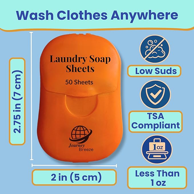 Travel Laundry Detergent Sheets Kit – Laundry Detergent Sheets 50-Count + Lightweight Travel Clothesline & Universal Sink Stopper with Canvas Bag and Frosted Zip Pouch for Hotels, Cruises & Trips