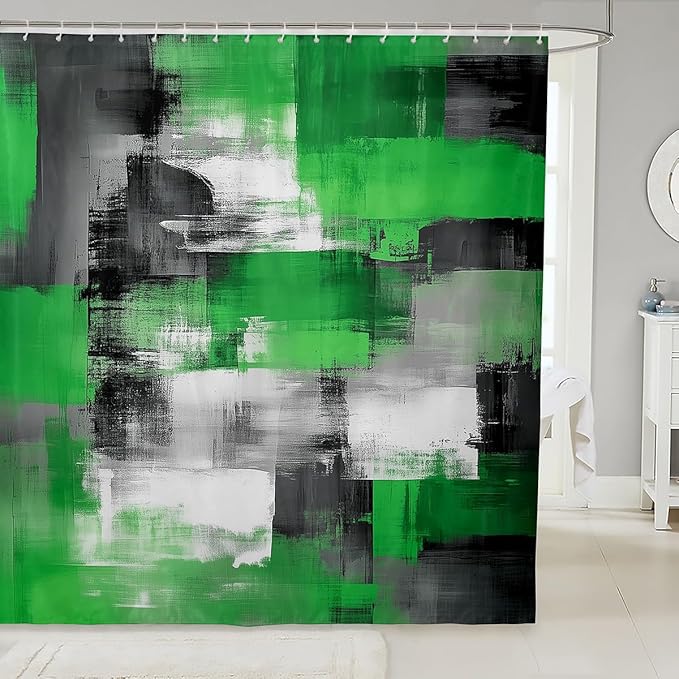 jejeloiu Green Grey Bath Curtain Abstract Shower Curtain for Kids Teens Room Decor Geometric Bathroom Shower Liner 72"x78" Geometric Modern Art Waterproof Soft Lightweight Polyester