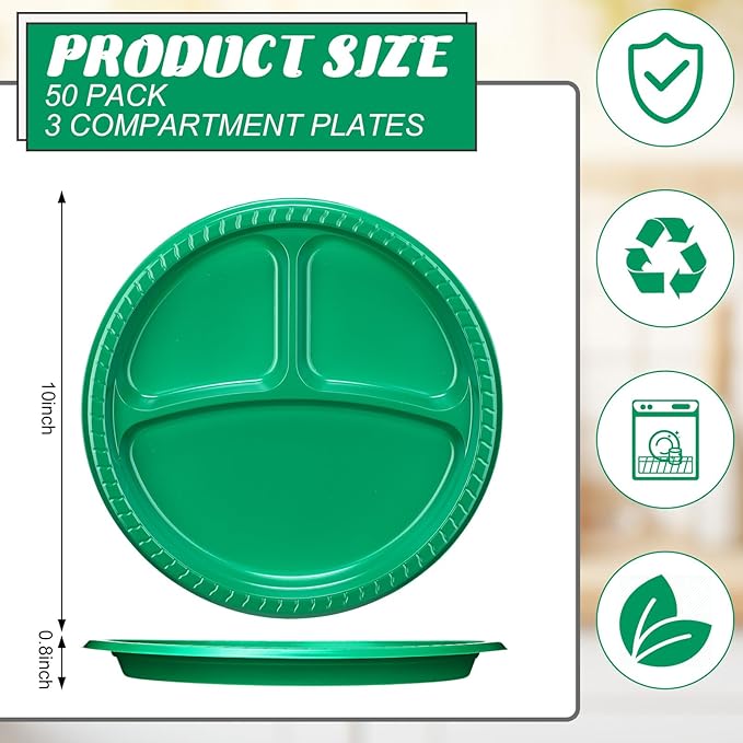 Teenyyou 50 Pcs 10 Inch Plastic 3 Compartment Divided Plates Heavy Disposable Plates Duty Round Dinner Plates with Dividers for Wedding Birthday Party Dinnerware(Green)