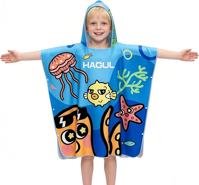Kids Hooded Beach Poncho, 66×70cm, Soft & Quick-Dry with Fun Ocean Prints, Lightweight Swim Towel for Pool, Beach & Water Park (Ages5–9) (Blue, Small)