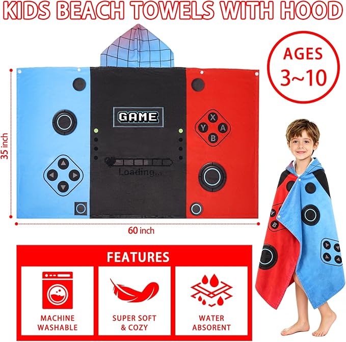 Hooded Towels for Kids - Superfine Fiber Video Game Gamepad Toddler Hood Bath Towels Beach Hooded Poncho Absorbent Pool Toddler Swim Bath Wrap for Boys & Girls 3-10 Years, 60 * 35 inches