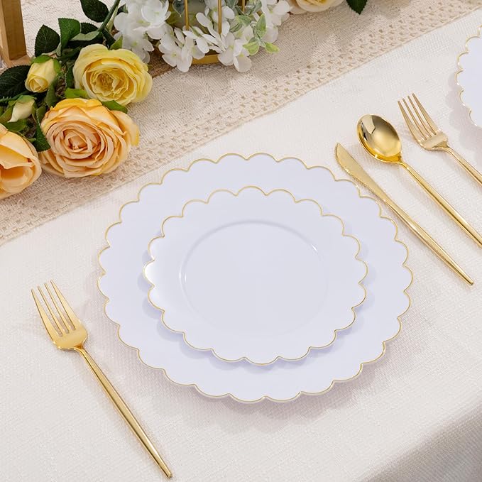 LIYH 120 Pcs White Plastic Scalloped Plates - Gold Fancy Disposable Plastic Plates Includes 60 Dinner 10.25" & 60 Dessert Plate 7.5" Elegant Gold Rim for Party Birthday Day