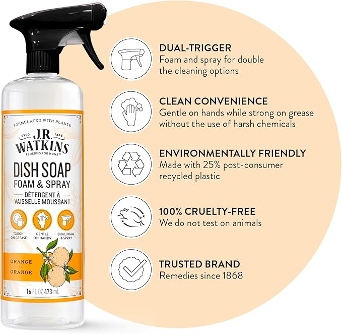 J.R. Watkins Trigger Spray Foaming Dish Soap, Crafted Clean & Cruelty Free, Orange, 16 fl oz, 6 Pack