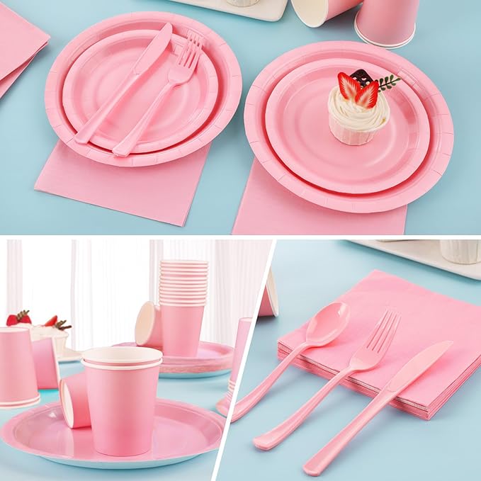 168PCS Light Pink Paper Plates and Napkins,Pink Disposable Plates Set with Utensils Serve 24 Guests for Baby Shower Graduation Valentines Day Party Decorations Party Supplies